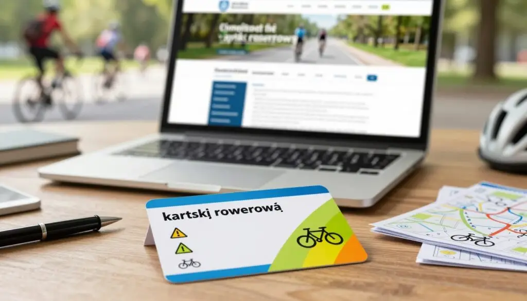 A detailed bicycle card ("kartę rowerową") displayed prominently in the foreground, featuring a colorful design with bicycle symbols and safety icons. The card is partially laid on a wooden table, surrounded by stationary items like a pen and a small stack of papers with bicycle route maps. In the middle ground, a directly-lit workspace with a laptop open, showcasing a web page about bicycle safety tests and regulations. The background fades into a blurred image of a park with cyclists enjoying a sunny day, emphasizing the connection between cycling and safety education. Soft, natural lighting illuminates the scene, creating a welcoming atmosphere. The angle should be slightly overhead to capture all elements clearly without any distractions or text in the image. A detailed bicycle card ("kartę rowerową") displayed prominently in the foreground, featuring a colorful design with bicycle symbols and safety icons. The card is partially laid on a wooden table, surrounded by stationary items like a pen and a small stack of papers with bicycle route maps. In the middle ground, a directly-lit workspace with a laptop open, showcasing a web page about bicycle safety tests and regulations. The background fades into a blurred image of a park with cyclists enjoying a sunny day, emphasizing the connection between cycling and safety education. Soft, natural lighting illuminates the scene, creating a welcoming atmosphere. The angle should be slightly overhead to capture all elements clearly without any distractions or text in the image.