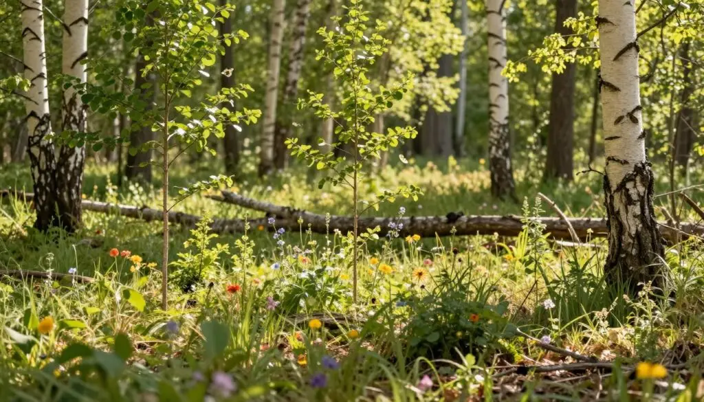 A detailed depiction of secondary succession in a vibrant ecosystem. In the foreground, illustrate a lush, young forest emerging after a disturbance, with various young trees such as birch and aspen sprouting. Add patches of colorful wildflowers and small shrubs, creating a sense of renewal. In the middle ground, show a partially fallen tree, providing a habitat for small animals and insects. The background should feature a blend of existing mature trees, suggesting a transition between old and new growth. Soft, warm sunlight filters through the leaves, creating dappled shadows on the forest floor, evoking a peaceful, rejuvenating atmosphere. Use a shallow depth of field to focus on the foreground while the background remains slightly blurred, enhancing the sense of depth and regeneration.