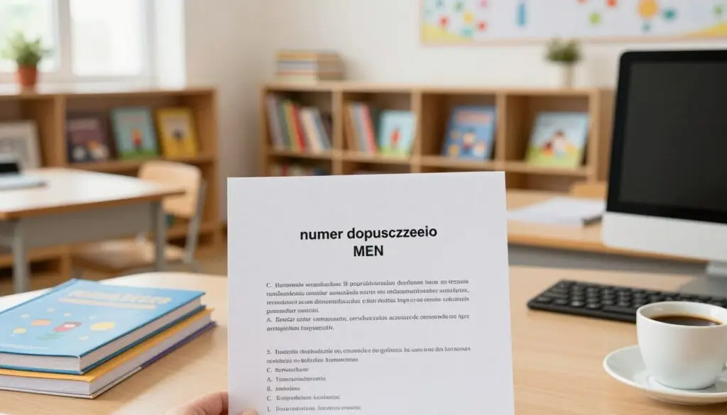 A detailed image of a formal document displaying the "numer dopuszczenia MEN" prominently at the center, surrounded by educational materials like textbooks and notebooks. In the foreground, a well-organized desk setup features these items along with a computer and a cup of coffee. The middle layer showcases an inviting, softly lit classroom environment with wooden bookshelves filled with colorful children's books. In the background, large windows allow natural light to pour in, creating a warm and welcoming atmosphere. The lighting is soft and even, enhancing the focus on the document while conveying a sense of professionalism and learning. The image exudes an atmosphere of academic diligence and the importance of educational resources.