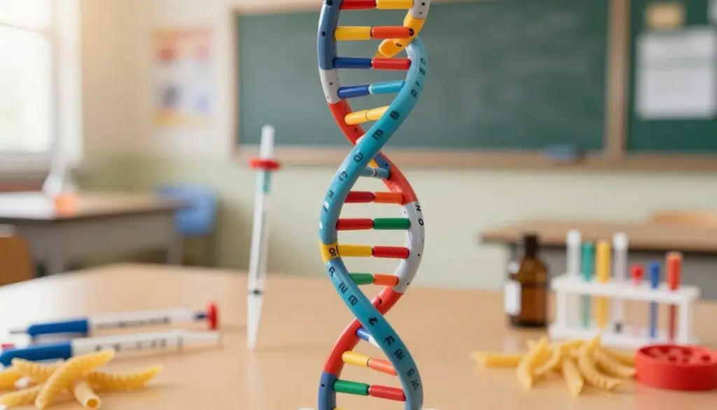 A detailed, visually striking depiction of a double helix structure, showcasing vibrant colors to represent the DNA's nucleotide bases—adenine, thymine, cytosine, and guanine. In the foreground, the double helix should be intertwined, with a slight twist that adds depth and realism, appearing as if it’s emerging from the center of the image. In the middle ground, include scientific tools like pipettes and models made from pasta and wires, representing various methods of creating a DNA model for educational purposes. The background should be softly blurred, hinting at a classroom setting with chalkboards and educational posters, illuminated by warm, natural light to create an inviting, curious atmosphere. Capture the scene from a high angle for a dynamic perspective. A detailed, visually striking depiction of a double helix structure, showcasing vibrant colors to represent the DNA's nucleotide bases—adenine, thymine, cytosine, and guanine. In the foreground, the double helix should be intertwined, with a slight twist that adds depth and realism, appearing as if it’s emerging from the center of the image. In the middle ground, include scientific tools like pipettes and models made from pasta and wires, representing various methods of creating a DNA model for educational purposes. The background should be softly blurred, hinting at a classroom setting with chalkboards and educational posters, illuminated by warm, natural light to create an inviting, curious atmosphere. Capture the scene from a high angle for a dynamic perspective.