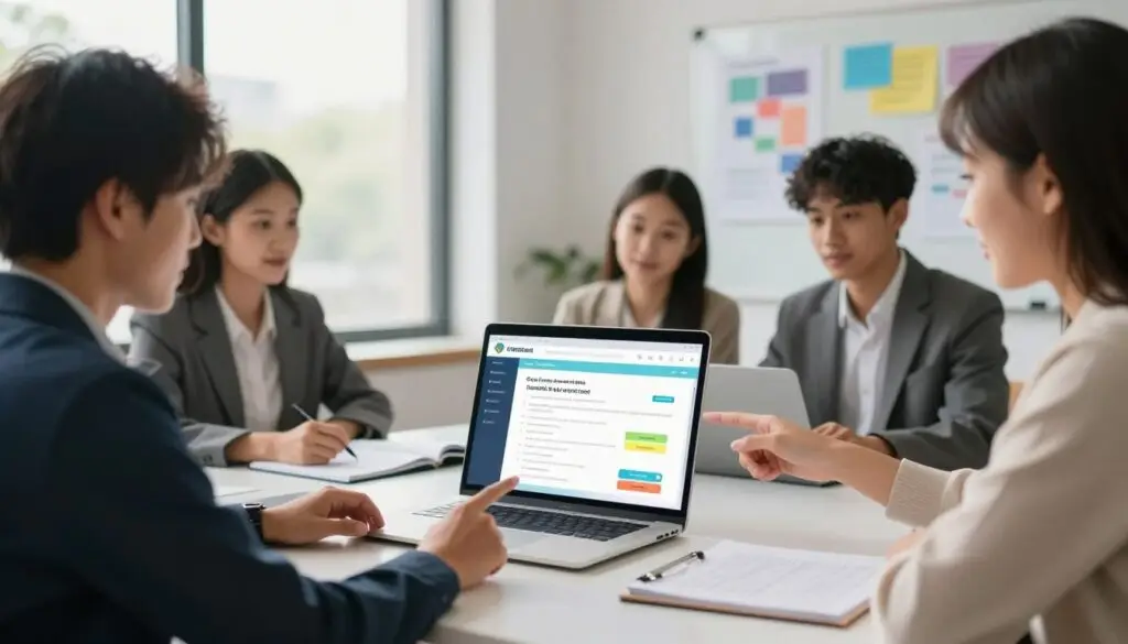 A digital workspace designed for educational guidance, featuring a modern, sleek desk with a laptop open to a colorful interface displaying interactive tests and surveys. In the foreground, a diverse group of four students, dressed in professional business attire, are engaged in discussion while pointing at the screen. The middle ground includes a large window letting in soft, natural light that casts gentle shadows, adding warmth to the scene. In the background, a whiteboard filled with colorful charts and motivational posters complements the learning atmosphere. Use a bright, inviting color palette to convey a sense of enthusiasm and possibility, capturing the spirit of modern vocational counseling in an engaging environment. A digital workspace designed for educational guidance, featuring a modern, sleek desk with a laptop open to a colorful interface displaying interactive tests and surveys. In the foreground, a diverse group of four students, dressed in professional business attire, are engaged in discussion while pointing at the screen. The middle ground includes a large window letting in soft, natural light that casts gentle shadows, adding warmth to the scene. In the background, a whiteboard filled with colorful charts and motivational posters complements the learning atmosphere. Use a bright, inviting color palette to convey a sense of enthusiasm and possibility, capturing the spirit of modern vocational counseling in an engaging environment.