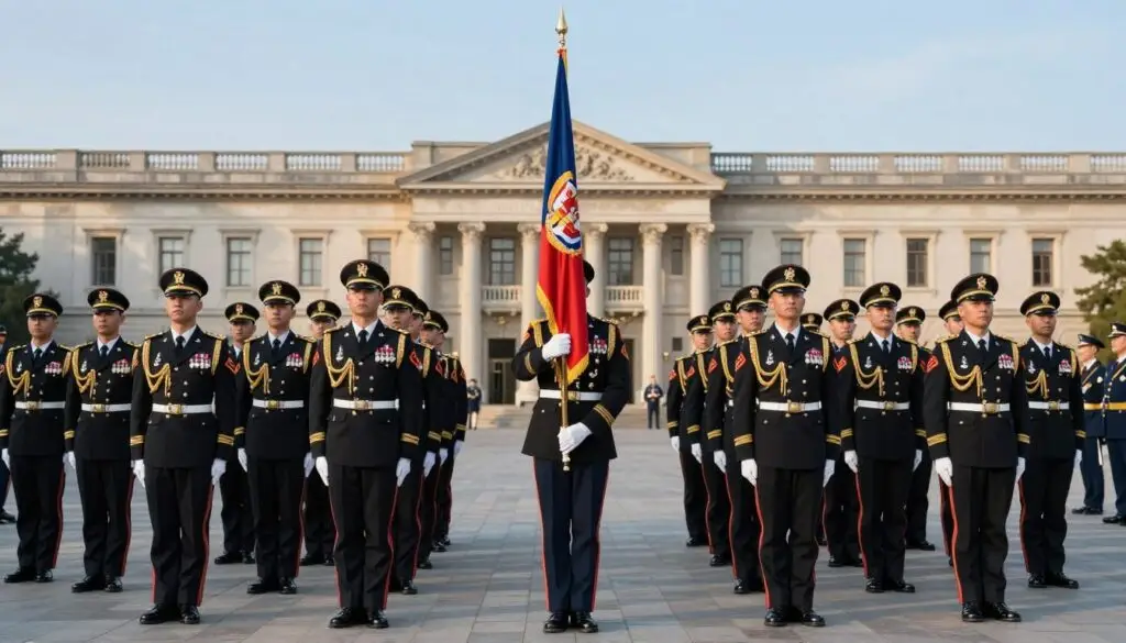 A formal military honor guard ceremony, depicting the alignment of a color guard unit in a precise formation. In the foreground, soldiers in immaculate uniforms stand at attention, holding a national flag and a regimental standard with pride. Their faces reflect discipline and commitment. In the middle ground, additional members of the honor guard are positioned symmetrically, displaying intricate details of their uniforms, including medals and insignias. The background features a historic building with classical architecture, under a clear blue sky that enhances the solemn atmosphere. The scene is illuminated by soft daylight, creating a calm and respectful mood. The composition is framed to capture the orderly arrangement and the gravity of the ceremony without any text or distractions.