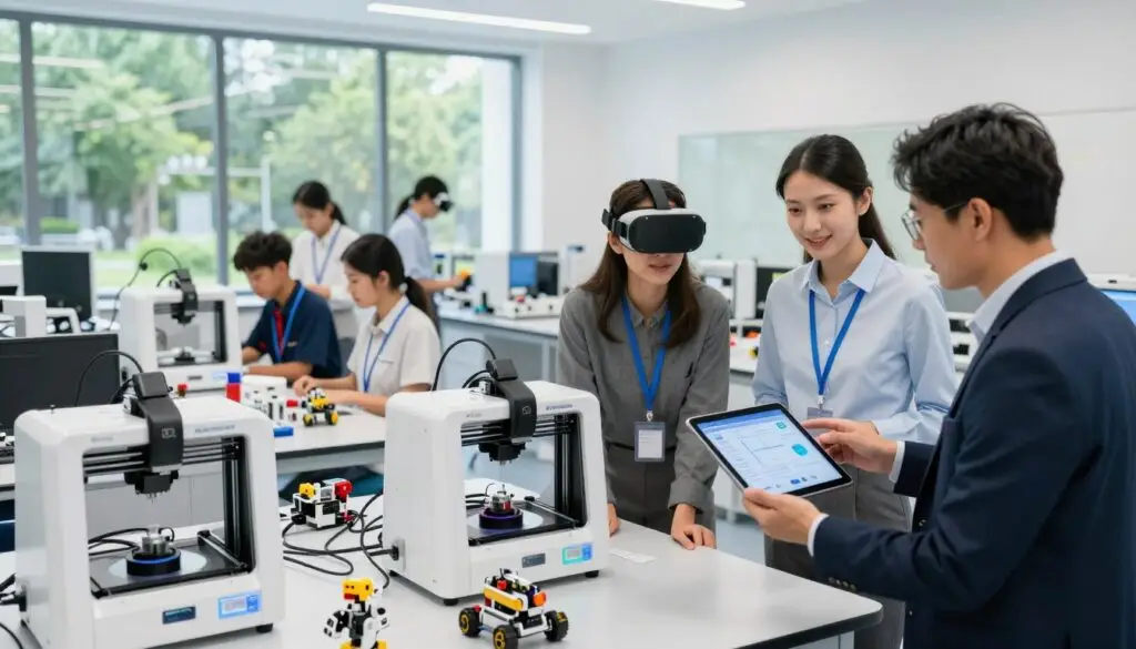 A modern educational laboratory designed for the future, showcasing various innovative technologies such as 3D printers, robotics kits, and virtual reality stations. In the foreground, a group of educators in professional attire are discussing lab equipment while examining a digital tablet displaying data. The middle ground features interactive workstations bustling with students engaged in hands-on projects. The background highlights a large window inviting natural light, revealing a green outdoor space that enhances the atmosphere of creativity and innovation. The overall mood is optimistic and forward-thinking, emphasizing collaboration and learning. The image should be well-lit, with a focus on the educators and technology, captured from a slight low-angle perspective to create a sense of inspiration and engagement.