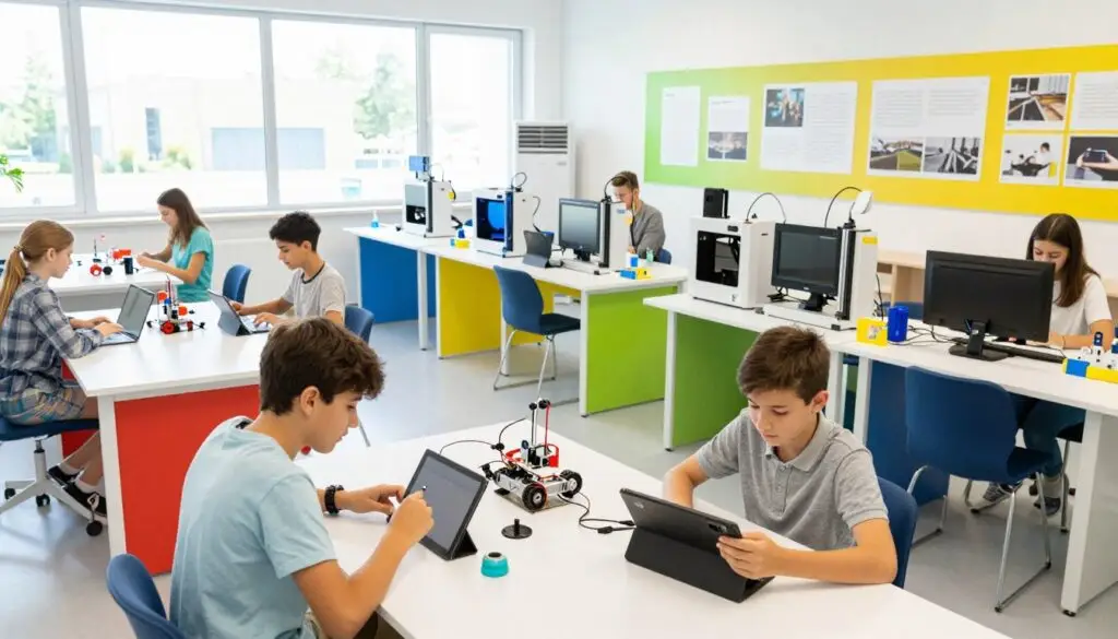 A modern educational laboratory showcasing the "Laboratoria Przyszłości" program, with a focus on innovative learning tools and technology. In the foreground, a diverse group of students—two boys and a girl—wearing modest casual clothing, engaged in a hands-on project using robotics kits and tablets. The middle ground features colorful workstations equipped with 3D printers, laptops, and science kits, inviting exploration and creativity. In the background, large windows allow natural light to flood the room, illuminating bright wall displays showcasing program achievements. The atmosphere is vibrant and energetic, reflecting a collaborative learning environment. The angle is slightly elevated to capture the entire scene, emphasizing both student engagement and the well-equipped educational space.
