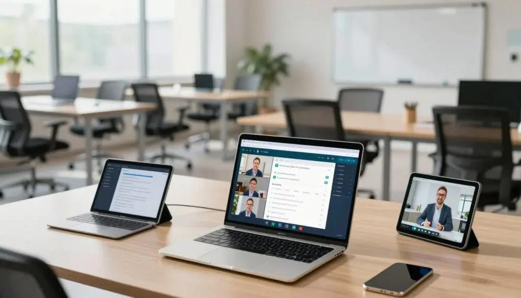 A modern virtual classroom filled with advanced technology for remote learning. In the foreground, a sleek laptop displays an interactive online course interface, with a teacher engaging with students via video call. Surrounding the laptop are smart devices like tablets and digital whiteboards. The middle ground features a bright, spacious room with comfortable ergonomic chairs and collaboration zones, illuminated by natural light streaming through large windows. The background hints at futuristic decor, with a subtle touch of greenery for a calming atmosphere. The overall mood is productive and innovative, showcasing the potential of remote education tools in a welcoming and professional environment, shot from a slightly elevated angle to capture all elements harmoniously. A modern virtual classroom filled with advanced technology for remote learning. In the foreground, a sleek laptop displays an interactive online course interface, with a teacher engaging with students via video call. Surrounding the laptop are smart devices like tablets and digital whiteboards. The middle ground features a bright, spacious room with comfortable ergonomic chairs and collaboration zones, illuminated by natural light streaming through large windows. The background hints at futuristic decor, with a subtle touch of greenery for a calming atmosphere. The overall mood is productive and innovative, showcasing the potential of remote education tools in a welcoming and professional environment, shot from a slightly elevated angle to capture all elements harmoniously.