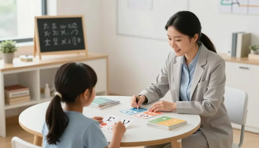 A modern, well-lit therapy room designed for speech exercises, featuring a round table where a dedicated speech therapist, dressed in professional business attire, is engaging with a child. The child is focused and practicing verbal exercises with colorful flashcards depicting various consonant pairs. The foreground shows the therapist guiding the child, while the middle ground features the table with strategically placed objects like a chalkboard and books related to speech therapy. In the background, there's a large window allowing soft natural light to filter in, contributing to a warm, encouraging atmosphere. The overall mood is supportive and educational, capturing the essence of effective speech therapy practices.