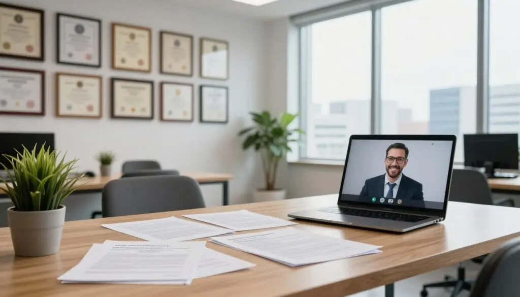 A modern workspace depicting regulations for remote learning, with a professional atmosphere. In the foreground, a sleek wooden desk cluttered with legal documents related to educational policies, a laptop open to a video conference, and a potted plant adding a green touch. In the middle ground, a wall adorned with framed educational diplomas and regulatory certifications, showcasing a commitment to quality education. In the background, a large window letting in bright, natural light, with a view of a cityscape, symbolizing progress. Use soft diffused lighting to create an inviting yet professional mood, shot at a wide angle for depth and perspective. A modern workspace depicting regulations for remote learning, with a professional atmosphere. In the foreground, a sleek wooden desk cluttered with legal documents related to educational policies, a laptop open to a video conference, and a potted plant adding a green touch. In the middle ground, a wall adorned with framed educational diplomas and regulatory certifications, showcasing a commitment to quality education. In the background, a large window letting in bright, natural light, with a view of a cityscape, symbolizing progress. Use soft diffused lighting to create an inviting yet professional mood, shot at a wide angle for depth and perspective.