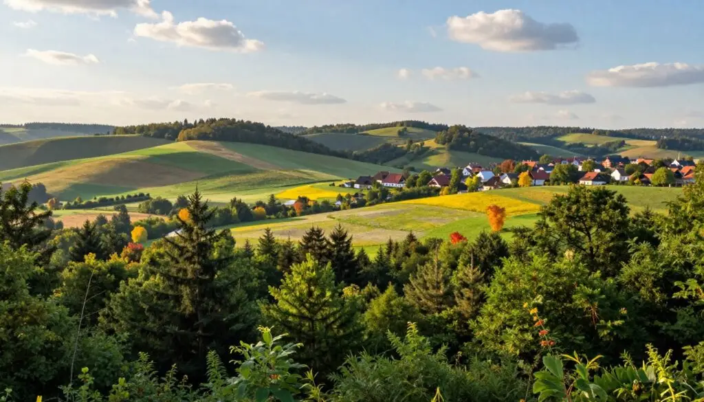 A panoramic view of diverse climate zones in Poland, featuring a lush green forest in the foreground, showcasing rich foliage and native plants under soft morning light. Transitioning into the middle ground, depict rolling hills with patches of grassland and a vibrant meadow filled with wildflowers, reflecting the colorful spectrum of seasons. In the background, illustrate a quaint village nestled against the hills, with traditional Polish architecture and a clear blue sky dotted with fluffy clouds. The mood is tranquil, capturing the essence of harmony in nature, while emphasizing the variety of climatic regions in Poland. Use a wide-angle lens to convey depth and focus gently on the changing landscapes, ensuring a serene atmosphere without any text or overlays. A panoramic view of diverse climate zones in Poland, featuring a lush green forest in the foreground, showcasing rich foliage and native plants under soft morning light. Transitioning into the middle ground, depict rolling hills with patches of grassland and a vibrant meadow filled with wildflowers, reflecting the colorful spectrum of seasons. In the background, illustrate a quaint village nestled against the hills, with traditional Polish architecture and a clear blue sky dotted with fluffy clouds. The mood is tranquil, capturing the essence of harmony in nature, while emphasizing the variety of climatic regions in Poland. Use a wide-angle lens to convey depth and focus gently on the changing landscapes, ensuring a serene atmosphere without any text or overlays.