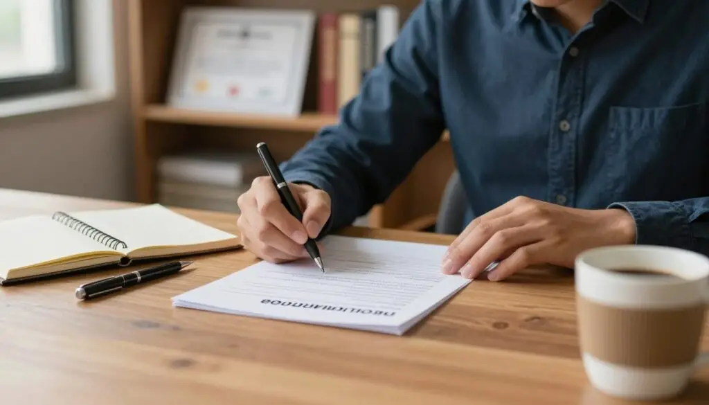 A person filling out a school resignation document at a wooden desk, with a focused expression. The foreground features neatly arranged school supplies like a pen, a notebook, and a cup of coffee. In the middle ground, the resignation form is clearly visible, showing some filled-out sections but not revealing any personal information. A soft light filters through a nearby window, casting a warm glow, enhancing the atmosphere of contemplation and decision-making. In the background, shelves filled with books and certificates give a sense of an academic environment. The person is wearing smart casual attire, reflecting professionalism. The image conveys a mood of seriousness and diligence, suitable for illustrating the process of resigning from school.