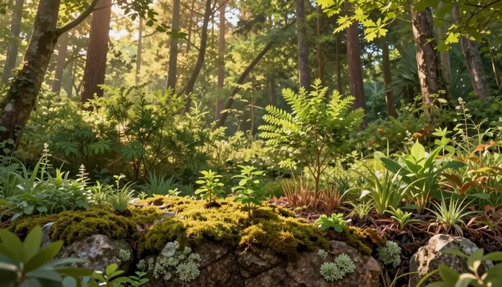 A picturesque illustration depicting the stages of ecological succession in a vibrant ecosystem. In the foreground, a diverse range of pioneer species like moss, lichens, and small plants are emerging from rocky soil, showcasing their resilience. The middle ground features a transitional stage with shrubs and young trees, their green foliage illuminated by soft, dappled sunlight filtering through the branches. In the background, a mature forest is visible, filled with towering trees and rich undergrowth, creating a lush, thriving environment. The scene is captured with a wide-angle lens to emphasize depth, bathed in warm, golden hour lighting to convey a sense of growth and renewal, evoking a peaceful and harmonious atmosphere.