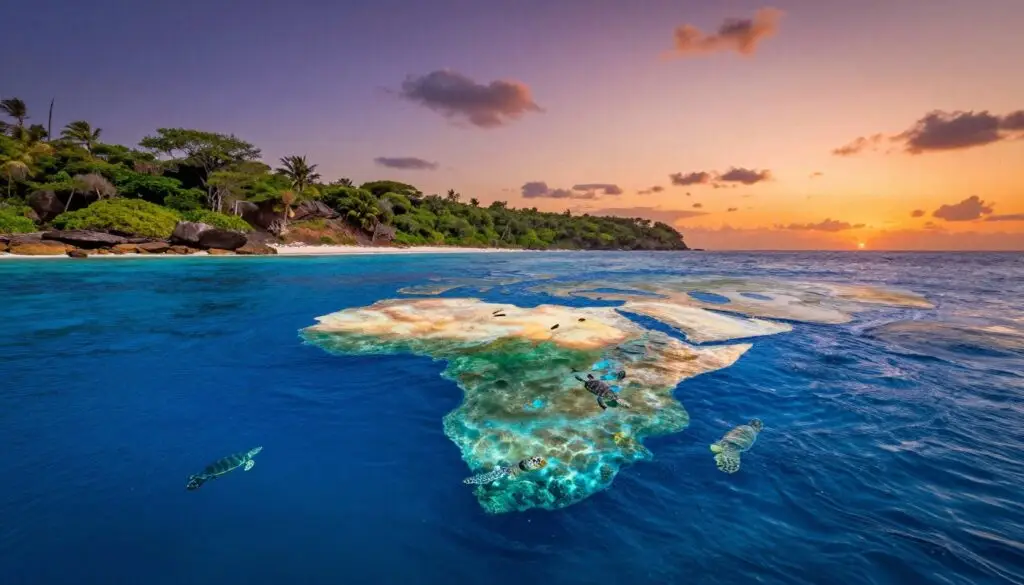 A picturesque view of the ocean currents affecting Africa, showcasing vibrant blue waves and swirling eddies in the foreground. Illustrate distinct marine life swimming through the currents, such as fish and sea turtles. In the middle ground, represent a diverse coastal landscape, with lush green vegetation and rocky shores reflecting the various climates throughout Africa. The background should feature a dramatic sunset sky, with shades of orange and purple illuminating the horizon. Use a wide-angle lens perspective to capture the vastness of the ocean and land. The mood conveys a sense of wonder and tranquility, illustrating the interconnectedness of geographical factors that shape Africa's climate.
