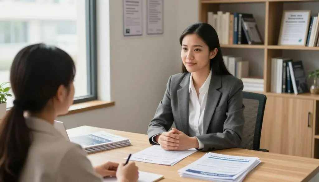 A professional advising scene set in a modern office, featuring a confident career advisor in business attire, engaging with an attentive student. In the foreground, a desk filled with career assessment tests and brochures. The middle ground includes a wall adorned with educational certifications and a large window allowing natural light to flood the room, creating a warm and inviting atmosphere. In the background, shelves lined with books on career development and legal guidelines highlight the importance of compliance with educational law and advisory standards. Soft, diffused lighting enhances the professional yet approachable mood, captured from a slightly elevated angle to offer a clear view of both the advisor and the materials on the desk. A professional advising scene set in a modern office, featuring a confident career advisor in business attire, engaging with an attentive student. In the foreground, a desk filled with career assessment tests and brochures. The middle ground includes a wall adorned with educational certifications and a large window allowing natural light to flood the room, creating a warm and inviting atmosphere. In the background, shelves lined with books on career development and legal guidelines highlight the importance of compliance with educational law and advisory standards. Soft, diffused lighting enhances the professional yet approachable mood, captured from a slightly elevated angle to offer a clear view of both the advisor and the materials on the desk.