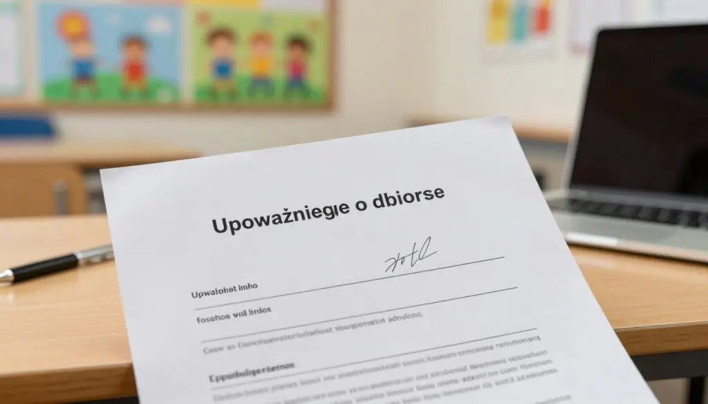 A professional document titled "Upoważnienie odbioru" prominently displayed in the foreground, showcasing a neatly formatted layout with a signature line and official seals. The paper is slightly wrinkled to convey authenticity and importance. In the middle ground, a light wooden desk with a pen and an open laptop, indicating a workspace environment. In the background, a soft-focus classroom scene with colorful children's artwork on the walls, nodding to the educational context. The lighting is warm and inviting, creating a sense of safety and trust. The composition conveys a serious yet approachable atmosphere, reflecting the importance of safeguarding data in school collection authorizations. Aim for a balance between clarity and visual interest without any distractions.
