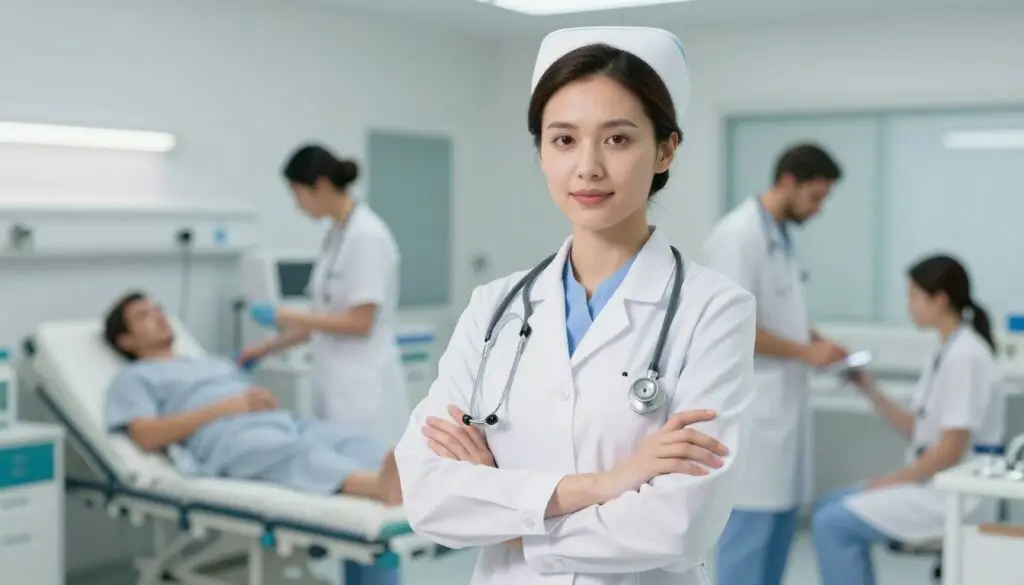 A professional nurse in a hospital setting, wearing a clean white medical coat and stethoscope, stands confidently with arms crossed, exuding a sense of pride and professionalism. In the background, a bustling hospital environment can be seen, with well-lit areas, medical equipment, and other healthcare professionals attending to patients. The lighting is bright and clinical, creating a sterile yet vibrant atmosphere. The camera angle captures the nurse in a mid-shot, highlighting their focused expression and care for their work. The image should evoke a feeling of respect for the nursing profession, reflecting the current state of nurses' salaries in Poland, emphasizing their importance in the healthcare system.