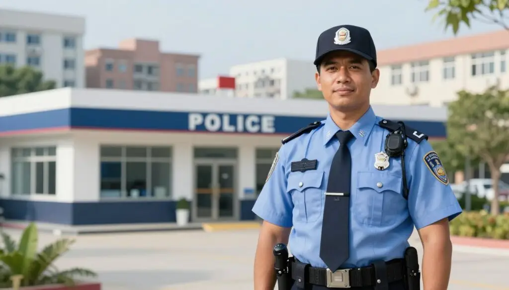 A professional police officer standing confidently in the foreground, dressed in a crisp uniform, emphasizes a sense of pride and responsibility. In the middle ground, a police station is visible, showcasing modern facilities and community engagement resources, symbolizing growth and career development opportunities. The background features a vibrant cityscape, symbolizing safety and civic duty. Soft, natural lighting filters through the scene, creating a hopeful and inspiring atmosphere. The composition is captured from a slightly elevated angle, highlighting the officer's stature and the environment around them. The overall mood is empowering and optimistic, reflecting the benefits and prospects of a career in law enforcement. A professional police officer standing confidently in the foreground, dressed in a crisp uniform, emphasizes a sense of pride and responsibility. In the middle ground, a police station is visible, showcasing modern facilities and community engagement resources, symbolizing growth and career development opportunities. The background features a vibrant cityscape, symbolizing safety and civic duty. Soft, natural lighting filters through the scene, creating a hopeful and inspiring atmosphere. The composition is captured from a slightly elevated angle, highlighting the officer's stature and the environment around them. The overall mood is empowering and optimistic, reflecting the benefits and prospects of a career in law enforcement.