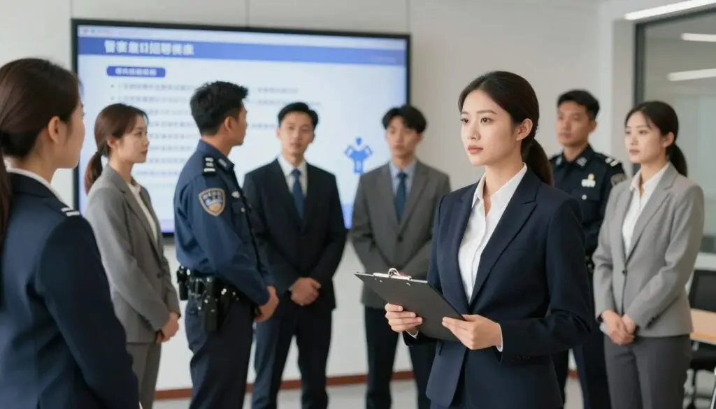 A professional police recruitment event scene, showcasing a diverse group of candidates in formal business attire, standing attentively in a modern, well-lit conference room. In the foreground, a confident young woman in a tailored suit holds a clipboard, representing leadership and preparedness. In the middle, several candidates, including men and women of various ethnicities, engage in discussions about the formal requirements for joining the police force, such as educational qualifications and physical fitness tests. The background features a large presentation screen displaying key points and visual aids related to police recruitment standards. Soft, natural lighting enhances the professional atmosphere, with a slight focus on the candidates to give a sense of depth. The mood is serious yet hopeful, portraying ambition and determination in their pursuit of a police career. A professional police recruitment event scene, showcasing a diverse group of candidates in formal business attire, standing attentively in a modern, well-lit conference room. In the foreground, a confident young woman in a tailored suit holds a clipboard, representing leadership and preparedness. In the middle, several candidates, including men and women of various ethnicities, engage in discussions about the formal requirements for joining the police force, such as educational qualifications and physical fitness tests. The background features a large presentation screen displaying key points and visual aids related to police recruitment standards. Soft, natural lighting enhances the professional atmosphere, with a slight focus on the candidates to give a sense of depth. The mood is serious yet hopeful, portraying ambition and determination in their pursuit of a police career.