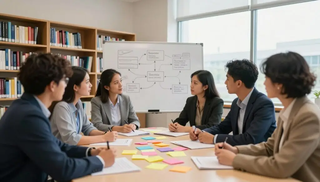 A professional school environment showcasing a step-by-step procedure design. In the foreground, a diverse group of teachers, dressed in professional attire, are gathered around a large table covered with documents and colorful sticky notes, discussing ideas intently. In the middle ground, a whiteboard filled with diagrams and flowcharts illustrates the procedural design process. The background features bookshelves lined with educational materials and a large window allowing soft, natural light to flood the scene, creating an inviting atmosphere. The composition captures a sense of collaboration and focus, with a warm, positive mood that emphasizes teamwork in educational settings. The image has a slightly angled view to give depth and dynamism.