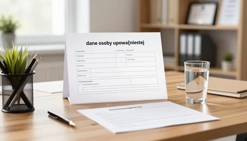 A professional setting depicting a form titled "dane osoby upoważnionej" prominently displayed on a wooden desk. In the foreground, a well-organized desk with a few personal items like a pen holder and a small potted plant, creating a warm atmosphere. In the middle, a partially filled form showcases fields for personal information such as name, address, and contact details, with checkboxes for authorization. A clear glass of water sits nearby, adding to the scene. In the background, a softly blurred office environment hints at educational elements, such as bookshelves and framed certificates, illuminated by natural light coming through a window. The mood is professional and focused, emphasizing the importance of organization and clarity.