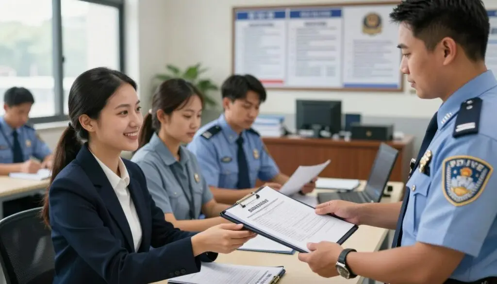 A professional setting inside a police station where a diverse group of individuals is engaged in the process of submitting documents for police recruitment. In the foreground, a smiling candidate in smart business attire is handing over a neatly organized folder of documents to an attentive police officer in uniform, representing a moment of anticipation and professionalism. In the middle ground, additional candidates are seated, reviewing their papers, suggesting focus and determination. The background shows a bulletin board with recruitment notices and a desk with police insignia, softly blurred to keep the focus on the interaction. Soft, natural lighting filters through large windows, creating a respectful and hopeful atmosphere. The angle is slightly elevated, capturing both the candidates and the officer fully engaged in the process. A professional setting inside a police station where a diverse group of individuals is engaged in the process of submitting documents for police recruitment. In the foreground, a smiling candidate in smart business attire is handing over a neatly organized folder of documents to an attentive police officer in uniform, representing a moment of anticipation and professionalism. In the middle ground, additional candidates are seated, reviewing their papers, suggesting focus and determination. The background shows a bulletin board with recruitment notices and a desk with police insignia, softly blurred to keep the focus on the interaction. Soft, natural lighting filters through large windows, creating a respectful and hopeful atmosphere. The angle is slightly elevated, capturing both the candidates and the officer fully engaged in the process.