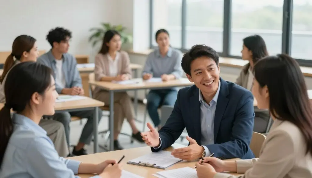 A professional setting showcasing a diverse group of candidates engaged in a social skills assessment. In the foreground, two individuals (one man and one woman) are collaborating on a project, exchanging ideas enthusiastically, dressed in business attire. In the middle ground, a small group of candidates participates in a role-playing exercise, demonstrating active listening and effective communication. The background features a modern classroom environment with soft, natural lighting from large windows, creating an inviting atmosphere. The camera angle is slightly elevated, capturing the interactions clearly while showcasing the nurturing environment of the assessment. The mood is positive, emphasizing teamwork and initiative, with warm colors that reflect a sense of inclusivity and encouragement.