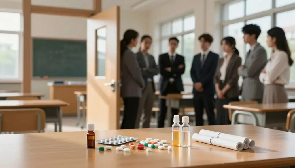 A school hallway scene depicting the reality of psychoactive substances in an educational environment. In the foreground, a collection of items associated with substance use, such as pills, small vials, and rolling papers, placed discreetly on a desk. In the middle ground, a group of concerned teachers, dressed in professional attire, are engaged in a discussion, their expressions reflecting seriousness and concern. In the background, a classroom door slightly ajar allows a glimpse of a classroom with empty desks and a blackboard, creating an atmosphere of tension and urgency. Natural sunlight streams in through large windows, casting a warm glow, contrasting with the somber tone of the scene. The image conveys a sense of awareness and the need for proactive measures in schools regarding substance use.
