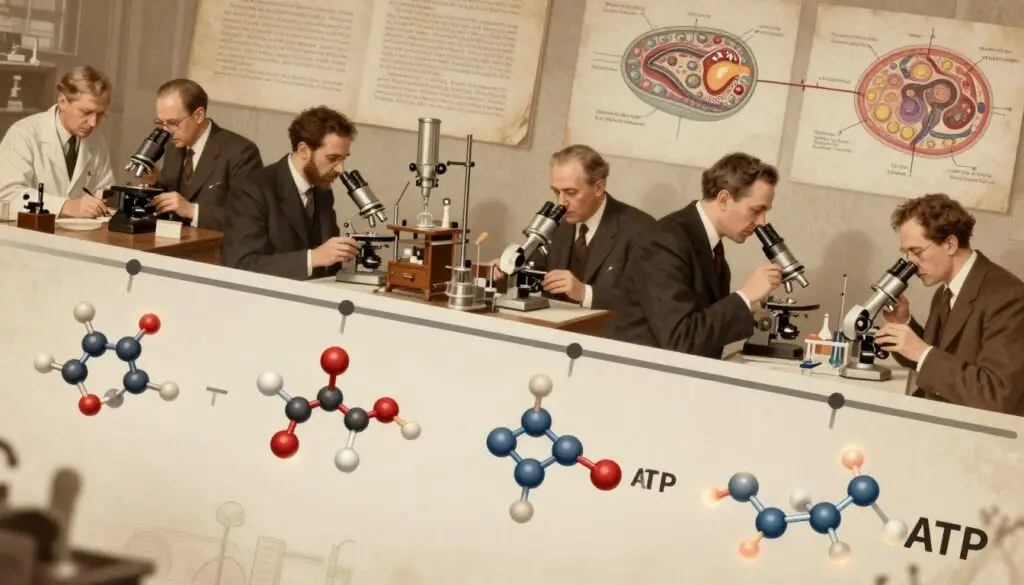 A scientific illustration depicting the history of ATP research, showcasing a timeline that interweaves critical discoveries. In the foreground, detailed images of molecular structures of ATP, with bonds and atoms highlighted by soft, glowing effects. The middle ground features historical figures in professional attire, such as biochemists and researchers, observing ATP under microscopes, surrounded by vintage laboratory equipment. The background includes faded sepia-toned images of old research papers and illustrations of cell energy processes, creating a sense of depth and historical context. The lighting is soft and warm, evoking a sense of curiosity and wonder, while the angle is slightly elevated to capture the bustling atmosphere of scientific exploration.