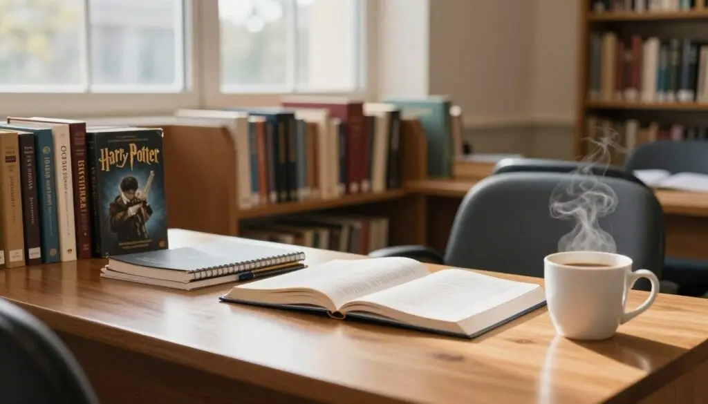 A serene and inspiring study environment for high school students, featuring a cozy library setting. In the foreground, a polished wooden desk with open books, notebooks, and a steaming cup of coffee, suggesting focused study. The middle ground showcases shelves filled with classic literature titles, emphasizing “Harry Potter” and other essential reading, with soft, warm lighting to create a welcoming atmosphere. In the background, large windows let in natural light, casting gentle shadows. A modern yet comfortable reading chair sits beside the desk. The mood is studious and reflective, evoking a sense of motivation and intellectual growth, perfect for students preparing for advanced literary studies. A serene and inspiring study environment for high school students, featuring a cozy library setting. In the foreground, a polished wooden desk with open books, notebooks, and a steaming cup of coffee, suggesting focused study. The middle ground showcases shelves filled with classic literature titles, emphasizing “Harry Potter” and other essential reading, with soft, warm lighting to create a welcoming atmosphere. In the background, large windows let in natural light, casting gentle shadows. A modern yet comfortable reading chair sits beside the desk. The mood is studious and reflective, evoking a sense of motivation and intellectual growth, perfect for students preparing for advanced literary studies.