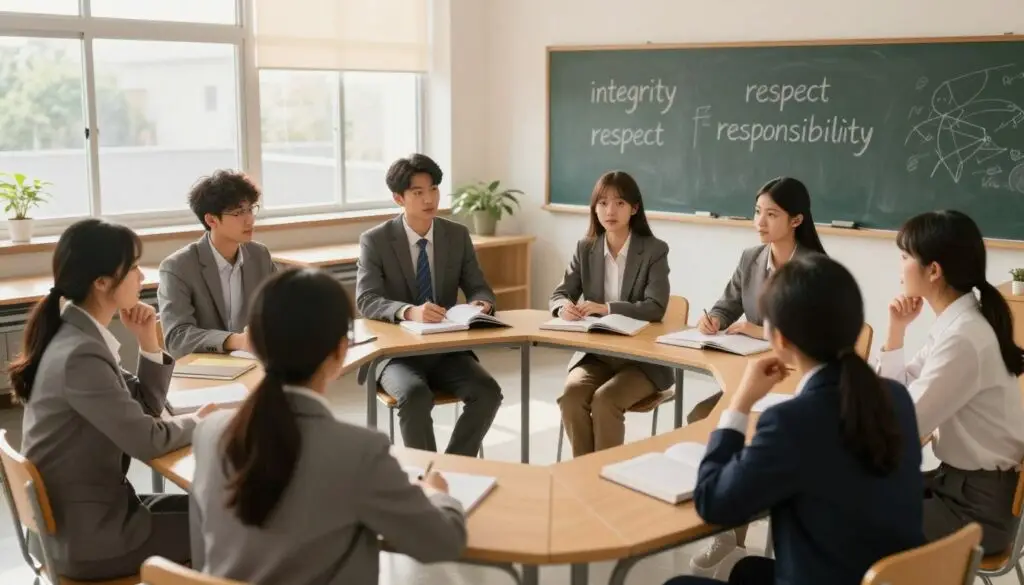 A serene classroom setting with a focus on ethics education. In the foreground, a diverse group of students, dressed in professional business attire, are engaged in a discussion around a circle of desks. Each student seems thoughtful and engaged, with books and notebooks open in front of them. In the middle ground, a chalkboard displays concepts related to ethics, like "integrity," "respect," and "responsibility," sketched with chalk. The background features large windows letting in warm, natural light, creating a welcoming atmosphere. The scene captures a sense of collaboration and reflection, with a calm and focused mood. The angle is slightly elevated, giving a comprehensive view of the classroom dynamics.