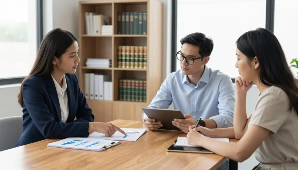 A serene office environment featuring a diverse group of three professionals—two women and one man—engaged in a collaborative discussion around a large wooden table. The woman on the left, dressed in a smart blazer, points to a stack of neatly organized papers marked with graphs and charts. The man, wearing glasses and a business casual shirt, takes notes on a tablet, while the second woman, clad in a modest dress, looks thoughtfully at a document labeled "Ethics in Testing." In the background, a well-lit bookshelf is filled with educational materials and legal books. Soft, natural light filters through large windows, creating a calm, focused atmosphere. The image conveys professionalism, ethics, and the importance of safety and legality in educational settings. A serene office environment featuring a diverse group of three professionals—two women and one man—engaged in a collaborative discussion around a large wooden table. The woman on the left, dressed in a smart blazer, points to a stack of neatly organized papers marked with graphs and charts. The man, wearing glasses and a business casual shirt, takes notes on a tablet, while the second woman, clad in a modest dress, looks thoughtfully at a document labeled "Ethics in Testing." In the background, a well-lit bookshelf is filled with educational materials and legal books. Soft, natural light filters through large windows, creating a calm, focused atmosphere. The image conveys professionalism, ethics, and the importance of safety and legality in educational settings.