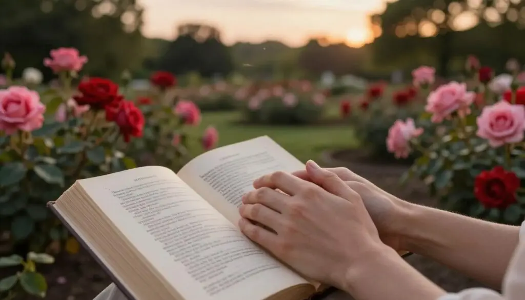 A serene scene depicting the essence of "miłości," focusing on a gentle, warm ambiance. In the foreground, a pair of intertwined hands, symbolizing connection and affection, rests atop an open book of classic poetry, its pages fluttering softly as if caressed by a breeze. The middle ground features a blooming rose garden, vibrant with shades of red and pink, symbolizing love and longing. The background displays a classic, softly lit park under a dusk sky, where faint silhouettes of trees frame the scene, enhancing the mood of nostalgia and tranquility. The lighting is soft and golden, creating an ethereal atmosphere that evokes feelings of warmth and compassion, inviting the viewer to reflect on the bittersweet nature of longing.