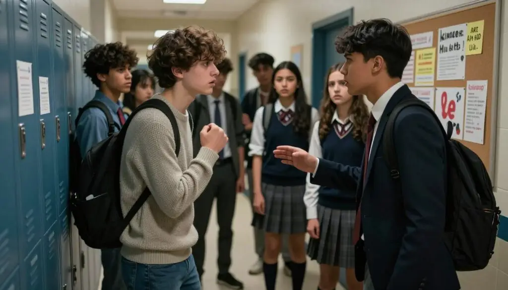 A tense school hallway scene illustrating peer aggression and violence in a professional and educational context. In the foreground, two students are having a heated argument, their body language displaying hostility. One student is wearing a casual sweater and jeans, while the other is in a school uniform. In the middle ground, other students look on with concerned expressions, some whispering to each other. The background features lockers and bulletin boards, with posters promoting kindness and anti-bullying. The lighting is dim but focused on the conflict, creating a dramatic atmosphere. The image should convey the seriousness of peer aggression, emphasizing the urgency for immediate action without any text or captions.