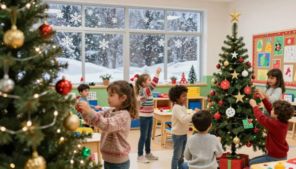 A vibrant and festive preschool classroom decorated for Christmas, filled with colorful handmade ornaments and holiday crafts. In the foreground, cheerful children of various ethnicities, dressed in cozy sweaters, are engaged in decorating a large Christmas tree with glittering lights and playful ornaments. In the middle ground, a bulletin board displays artwork themed around winter and Christmas, adorned with snowflakes and festive drawings. The background showcases windows with snow gently falling outside, creating a magical winter scene. The room is warmly illuminated by soft, cozy lighting, creating a joyful and inviting atmosphere. Capture the essence of Christmas spirit and community, highlighting creativity and excitement in a preschool environment.