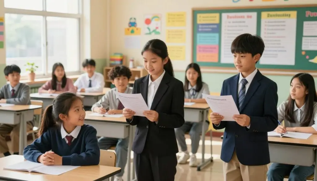 A vibrant classroom scene featuring a diverse group of students engaged in a friendly competition, surrounded by educational materials related to recitation and spelling. In the foreground, two students—one girl and one boy—stand confidently presenting their recitations, dressed in professional business attire. The middle ground showcases a bulletin board filled with colorful posters listing various competition themes and rules, while other students observe with curiosity and enthusiasm. In the background, cheerful classroom decorations enhance the atmosphere. Soft, natural light streams through the windows, casting a warm glow on the scene. The overall mood is inspiring, fostering a sense of excitement and camaraderie among young learners participating in school competitions.
