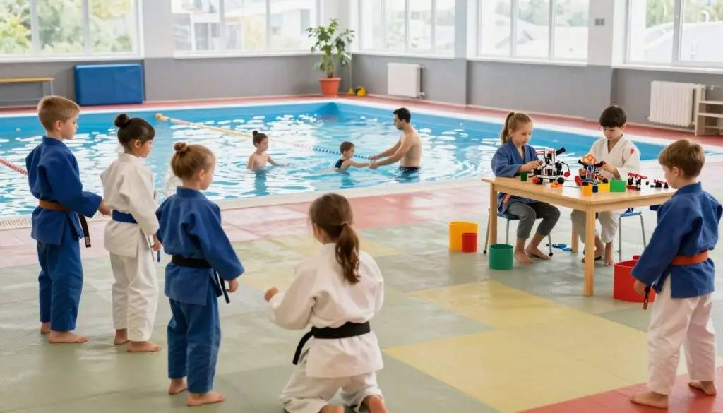 A vibrant community center setting in Ząbki, Poland, showcasing various extra-curricular activities. In the foreground, a group of children enthusiastically practicing judo on mats, wearing traditional uniforms. In the middle ground, a swim instructor assists children in a swimming pool, emphasizing safety and enjoyment. Nearby, a small robotics workshop with kids engaged in building robots, surrounded by colorful, engaging materials. The background features large windows allowing natural light to flood in, creating a warm and inviting atmosphere. Soft focus on the edges enhances the center of interest, depicting a cheerful and supportive community environment ideal for extra-curricular choices. The mood is lively and inspiring, inviting children and parents to explore diverse activities.