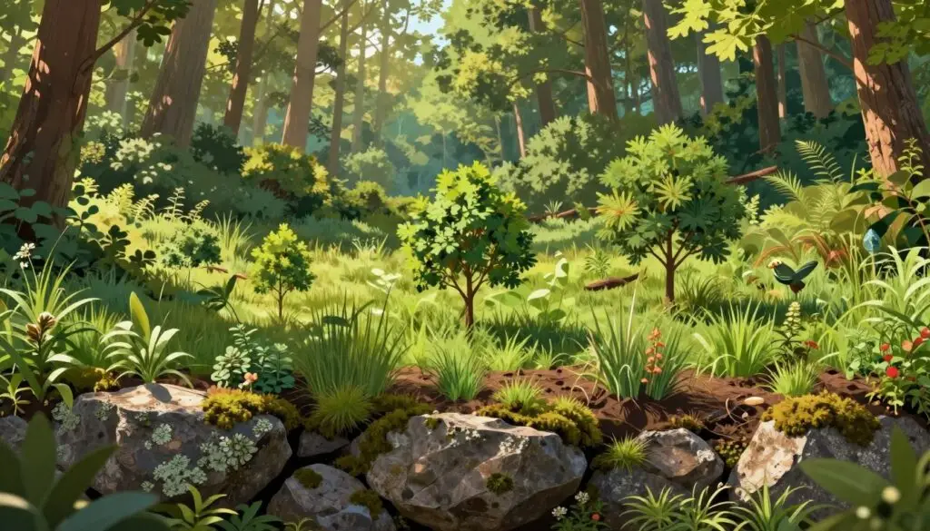 A vibrant, educational illustration depicting the concept of ecological succession in three distinct layers: In the foreground, show a diverse array of primary succession species, such as lichens and mosses growing on bare rock. In the middle ground, illustrate secondary succession with grasses and young trees recovering after a disturbance, surrounded by shrubs. In the background, depict a mature forest representing climax community species like tall trees and a lush undergrowth. The scene should be bathed in warm, dappled sunlight filtering through the leaves, creating a serene and enlightening atmosphere. Use a wide-angle lens effect to enhance the depth and layers of the ecosystem, inviting the viewer to explore the different stages of ecological succession.