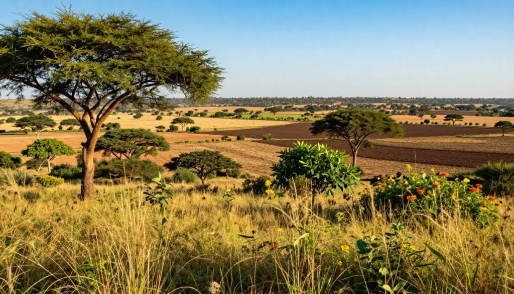 A vibrant landscape showcasing African vegetation and soils, illustrating the interdependence of climate, flora, and earth. In the foreground, a variety of native plants, including tall grasses and acacia trees, with rich green foliage and vibrant wildflowers. In the middle ground, a diverse patchwork of soil types ranging from sandy to rich, dark earth, highlighting agricultural fields and natural vegetation. The background features distant savannas under a clear blue sky, with soft, warm sunlight casting golden hues over the landscape. Capture the warm, dynamic atmosphere typical of Africa’s diverse ecosystems. Use a wide-angle lens to provide a comprehensive view, emphasizing the connection between plant life and soil types across different climatic zones.