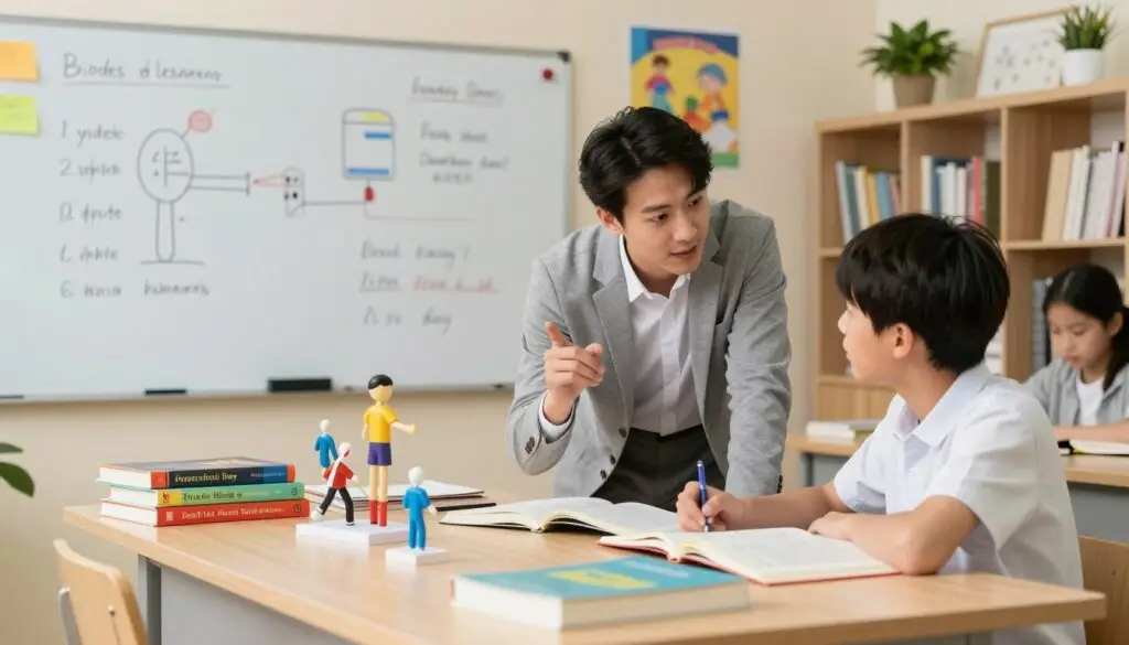 A vibrant study room scene showcasing popular tutoring subjects like biology and English. In the foreground, a well-organized desk filled with colorful textbooks, biology models, and English literature. A candid view of a knowledgeable tutor, a young adult in professional attire, engaging with a focused student, both displaying expressions of curiosity and concentration. In the middle ground, a large whiteboard filled with diagrams and vocabulary words, illustrating the dynamic tutoring process. The background features shelves filled with educational posters, plants, and soft lighting for a warm atmosphere. The scene is captured in a slight overhead angle to emphasize the interaction and learning environment, with a soft focus on the background for depth. A vibrant study room scene showcasing popular tutoring subjects like biology and English. In the foreground, a well-organized desk filled with colorful textbooks, biology models, and English literature. A candid view of a knowledgeable tutor, a young adult in professional attire, engaging with a focused student, both displaying expressions of curiosity and concentration. In the middle ground, a large whiteboard filled with diagrams and vocabulary words, illustrating the dynamic tutoring process. The background features shelves filled with educational posters, plants, and soft lighting for a warm atmosphere. The scene is captured in a slight overhead angle to emphasize the interaction and learning environment, with a soft focus on the background for depth.
