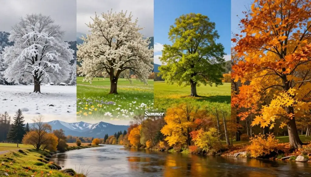 A visual representation of seasonal temperature changes in Poland, featuring a picturesque landscape divided into four distinct sections, each illustrating a different season: winter with snow-covered trees and a soft gray sky, spring with blooming flowers and vibrant green grass, summer with a bright blue sky and lush foliage, and autumn with falling leaves in warm hues of orange and yellow. In the foreground, a gentle river reflects the seasonal changes, while a distant horizon showcases the Tatra Mountains. The lighting should depict warm sunlight filtering through the trees in spring and autumn, creating a tranquil atmosphere. The scene should evoke a sense of nature's rhythm and the beauty of Poland’s climate, captured in high resolution with a wide-angle lens to encompass the entire landscape. A visual representation of seasonal temperature changes in Poland, featuring a picturesque landscape divided into four distinct sections, each illustrating a different season: winter with snow-covered trees and a soft gray sky, spring with blooming flowers and vibrant green grass, summer with a bright blue sky and lush foliage, and autumn with falling leaves in warm hues of orange and yellow. In the foreground, a gentle river reflects the seasonal changes, while a distant horizon showcases the Tatra Mountains. The lighting should depict warm sunlight filtering through the trees in spring and autumn, creating a tranquil atmosphere. The scene should evoke a sense of nature's rhythm and the beauty of Poland’s climate, captured in high resolution with a wide-angle lens to encompass the entire landscape.