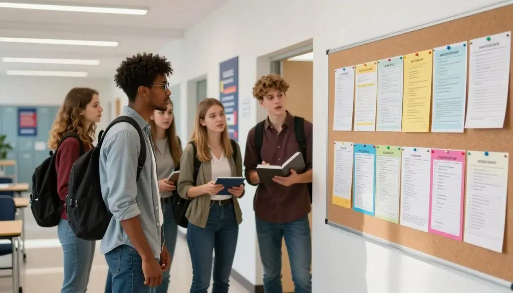 A visually engaging scene representing the concept of "candidate lists" for high school recruitment in Poland. In the foreground, a neatly organized bulletin board displaying a colorful collage of candidate lists with names and academic details, pinned with colorful push pins. In the middle, a group of diverse, young students in business casual attire, intently discussing their choices, displaying a sense of excitement and anticipation. The background features a modern, well-lit school hallway with lockers and motivational posters about education. The lighting is bright and inviting, casting soft shadows. The overall mood is hopeful and dynamic, showcasing the importance of the recruitment process in a vibrant academic environment. Make sure there are no text overlays or distracting elements in the image.