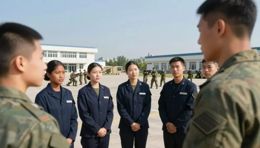 A visually striking scene depicting the benefits and challenges of military service. In the foreground, a diverse group of young professionals in smart military attire engages in a discussion, reflecting determination and camaraderie. The middle ground showcases a mix of military training exercises and teamwork, with individuals collaboratively solving problems and developing skills. In the background, a panoramic view of a military base under a clear blue sky creates a sense of professionalism and organization. The lighting should be bright and natural, suggesting an optimistic and inspiring atmosphere. Aim for a slightly tilted angle to provide depth and focus on the military personnel's expressions of commitment and readiness. The overall mood should convey a balance of challenge and opportunity, emphasizing growth and teamwork in military life.