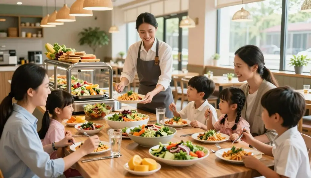 A welcoming family restaurant interior with wooden tables and cheerful decor, featuring a buffet-style setup displaying vibrant, healthy meals including salads, pasta, and seasonal vegetables. In the foreground, a smiling, well-dressed family of four, including two children, is enjoying a meal together, showcasing delight and togetherness. In the middle, a friendly staff member is serving dishes, emphasizing the warm customer service atmosphere. The background features large windows allowing sunlight to pour in, highlighting the inviting ambiance. Soft, diffused lighting creates a cozy feeling while the color palette of greens, oranges, and yellows enhances the freshness of the food. The angle captures both the family and the food, ideal for illustrating healthy dining for families in a school context. A welcoming family restaurant interior with wooden tables and cheerful decor, featuring a buffet-style setup displaying vibrant, healthy meals including salads, pasta, and seasonal vegetables. In the foreground, a smiling, well-dressed family of four, including two children, is enjoying a meal together, showcasing delight and togetherness. In the middle, a friendly staff member is serving dishes, emphasizing the warm customer service atmosphere. The background features large windows allowing sunlight to pour in, highlighting the inviting ambiance. Soft, diffused lighting creates a cozy feeling while the color palette of greens, oranges, and yellows enhances the freshness of the food. The angle captures both the family and the food, ideal for illustrating healthy dining for families in a school context.