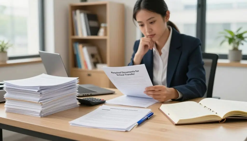 A well-organized desk in a bright, professional office setting, featuring a stack of documents titled "Required Documents for School Transfer" prominently displayed. The foreground includes a neatly arranged set of forms, a blue pen, a calculator, and a personal planner opened to the current month. In the middle, a focused individual in professional attire, a diverse male or female, is reviewing the documents with a thoughtful expression. The background showcases a bookshelf filled with educational resources and a large window allowing soft natural light to pour in, creating an inviting atmosphere. The overall mood is one of diligence and clarity, emphasizing organization and the importance of completing necessary paperwork for a school transfer. The scene should have a subtle depth of field effect to draw attention to the desk area.