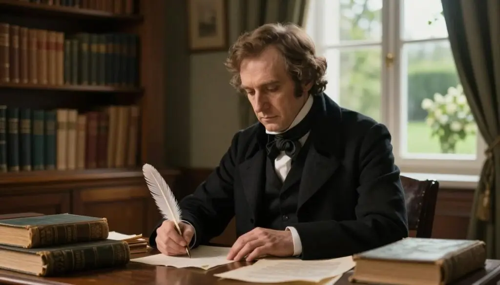 Adam Mickiewicz seated at a wooden desk, deeply focused on writing with a quill in hand, dressed in 19th-century Polish attire, including a tasteful, dark frock coat and a white shirt. His expression is contemplative, embodying the spirit of creativity and depth found in his literary works. The foreground features ancient books and parchments scattered around, hinting at his literary contributions. The middle ground shows a softly lit room filled with bookshelves laden with classic Polish literature, creating an atmosphere of academia and history. In the background, a window allows gentle, warm light to stream in, illuminating a lush green garden outside, symbolizing inspiration and nature. The mood is serene and intellectual, inviting the viewer into the world of literary achievement. Adam Mickiewicz seated at a wooden desk, deeply focused on writing with a quill in hand, dressed in 19th-century Polish attire, including a tasteful, dark frock coat and a white shirt. His expression is contemplative, embodying the spirit of creativity and depth found in his literary works. The foreground features ancient books and parchments scattered around, hinting at his literary contributions. The middle ground shows a softly lit room filled with bookshelves laden with classic Polish literature, creating an atmosphere of academia and history. In the background, a window allows gentle, warm light to stream in, illuminating a lush green garden outside, symbolizing inspiration and nature. The mood is serene and intellectual, inviting the viewer into the world of literary achievement.