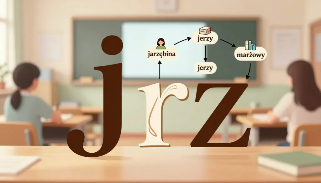 An illustration depicting the concept of "rz" following "j" in Polish, featuring an elegant and educational design. In the foreground, showcase a large, visually striking letter "J" and a stylized "rz" entwined, symbolizing their connection in language, designed with artistic flair. In the middle, include a step-by-step visual flowchart with examples such as "jarzębina," "jerzy," and "marżowy" illustrated around the letters, emphasizing their grammar rules. The background should be a soft, blurred classroom setting, with warm lighting to create a welcoming atmosphere, suggesting a focus on learning. Use a shallow depth of field to draw attention to the foreground elements while keeping the background slightly out of focus. The overall mood should be inspiring and educational.