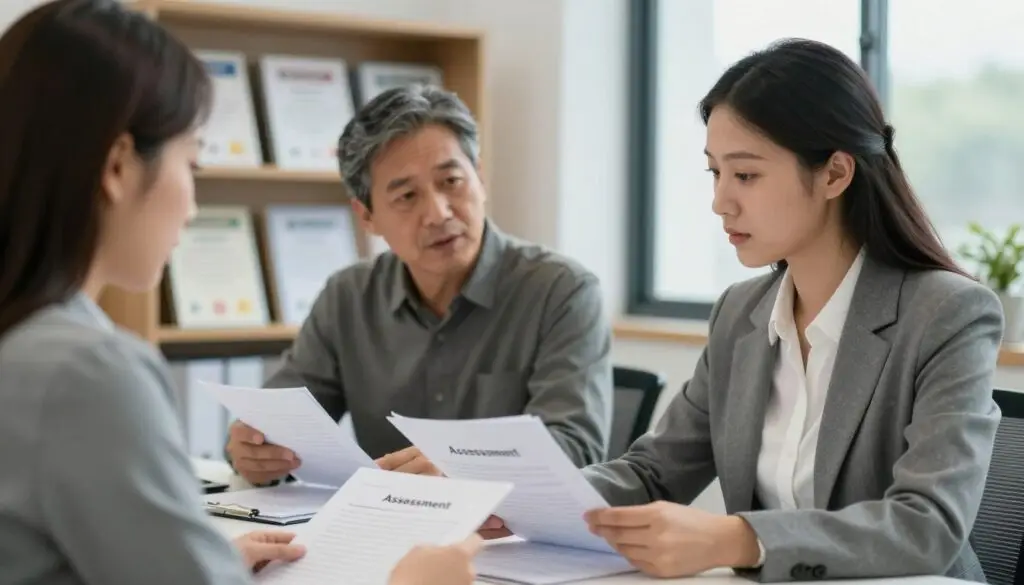 An office scene depicting the process of obtaining an individual educational assessment. In the foreground, a professional woman in business attire is seated at a desk, examining documents with a focused expression. Nearby, a middle-aged man in modest casual clothing is explaining something to her, gesturing towards a folder labeled "Assessment". The middle ground features shelves filled with educational materials and certificates, showcasing a commitment to learning. In the background, a window lets in soft natural light, creating a bright and welcoming atmosphere. The image is framed with a slight depth of field, emphasizing the interaction between the two individuals while remaining focused on the documents in front of them. The overall mood is collaborative and informative, reflecting the serious yet hopeful nature of navigating educational assessments. An office scene depicting the process of obtaining an individual educational assessment. In the foreground, a professional woman in business attire is seated at a desk, examining documents with a focused expression. Nearby, a middle-aged man in modest casual clothing is explaining something to her, gesturing towards a folder labeled "Assessment". The middle ground features shelves filled with educational materials and certificates, showcasing a commitment to learning. In the background, a window lets in soft natural light, creating a bright and welcoming atmosphere. The image is framed with a slight depth of field, emphasizing the interaction between the two individuals while remaining focused on the documents in front of them. The overall mood is collaborative and informative, reflecting the serious yet hopeful nature of navigating educational assessments.