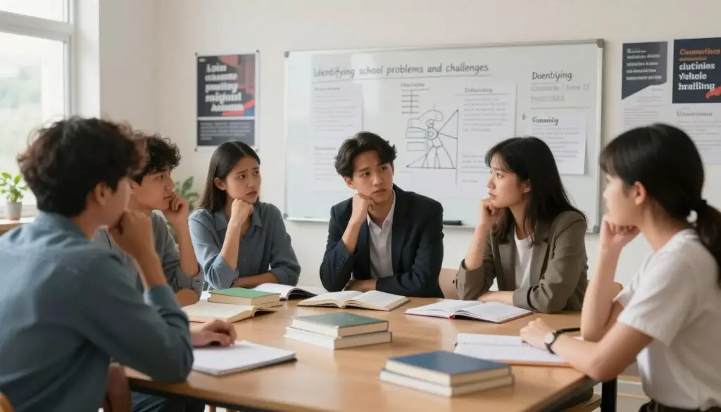 A classroom scene illustrating the theme of "identifying school problems and challenges." In the foreground, a diverse group of students, wearing professional casual attire, engaged in a discussion around a table filled with books and notepads, showcasing expressions of concern and contemplation. In the middle ground, a whiteboard filled with notes and diagrams about common school issues like bullying, stress, and academic pressure. In the background, posters displaying motivational quotes, creating an inspirational learning environment. Soft, natural lighting filters through large windows, casting gentle shadows and giving the space a welcoming yet serious atmosphere. The image captures a moment of reflection and teamwork, emphasizing the importance of collaboration in overcoming educational challenges. A classroom scene illustrating the theme of "identifying school problems and challenges." In the foreground, a diverse group of students, wearing professional casual attire, engaged in a discussion around a table filled with books and notepads, showcasing expressions of concern and contemplation. In the middle ground, a whiteboard filled with notes and diagrams about common school issues like bullying, stress, and academic pressure. In the background, posters displaying motivational quotes, creating an inspirational learning environment. Soft, natural lighting filters through large windows, casting gentle shadows and giving the space a welcoming yet serious atmosphere. The image captures a moment of reflection and teamwork, emphasizing the importance of collaboration in overcoming educational challenges.