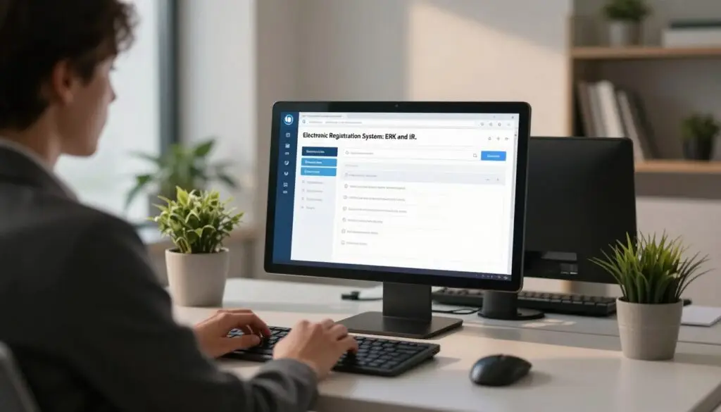 A clean, modern office environment showcasing a computer screen displaying the "Electronic Registration System: ERK and IR." In the foreground, a professional person in business attire is seated at a sleek desk, engaging with a laptop. In the middle, the screen glows softly, revealing a user-friendly interface with sections labeled for student recruitment and digital forms. The background features minimalist decor, including potted plants and a bookshelf, creating a conducive atmosphere for focused work. Soft, warm lighting illuminates the space, casting gentle shadows. A slight depth-of-field effect emphasizes the screen while maintaining clarity in the office context, evoking a mood of professionalism and efficiency.