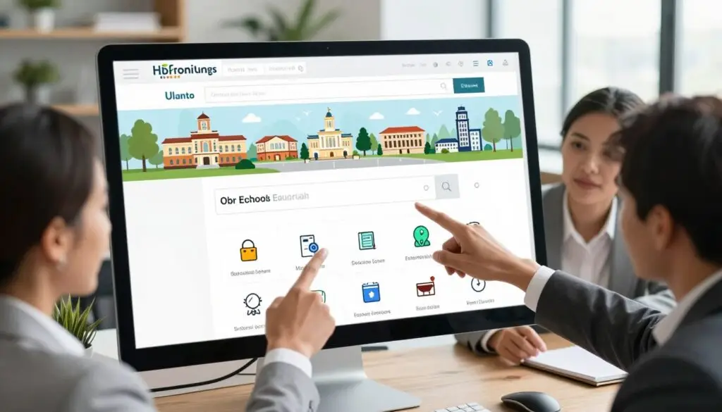 A computer screen displaying a user-friendly educational institution search engine interface. In the foreground, a diverse group of individuals, dressed in professional business attire, actively engages with the search feature—pointing at the screen, speaking, and discussing. The middle layer showcases the search results on the screen, with icons representing various schools and educational facilities vividly illustrated. The background features a modern office environment with bookshelves and plants, illuminated by natural light coming through large windows, creating an inviting atmosphere. The overall mood is collaborative and informative, emphasizing the importance of finding the right educational institution easily. The angle is slightly above eye level, providing a comprehensive view of both the interface and the users.