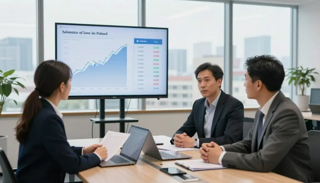 A contemporary office environment illustrating the salaries and career prospects of lawyers in Poland. In the foreground, a diverse group of three professionals in business attire engages in conversation over a conference table filled with documents and a laptop. The middle ground features a large screen displaying financial graphs and salary statistics related to the legal profession. In the background, a cityscape view of Warsaw can be seen through large windows, symbolizing growth and opportunity. The lighting is bright and professional, with soft shadows that create a welcoming atmosphere. Shot from a slightly elevated angle, the image conveys a sense of collaboration and ambition, reflecting the dynamic nature of the legal field in Poland. A contemporary office environment illustrating the salaries and career prospects of lawyers in Poland. In the foreground, a diverse group of three professionals in business attire engages in conversation over a conference table filled with documents and a laptop. The middle ground features a large screen displaying financial graphs and salary statistics related to the legal profession. In the background, a cityscape view of Warsaw can be seen through large windows, symbolizing growth and opportunity. The lighting is bright and professional, with soft shadows that create a welcoming atmosphere. Shot from a slightly elevated angle, the image conveys a sense of collaboration and ambition, reflecting the dynamic nature of the legal field in Poland.