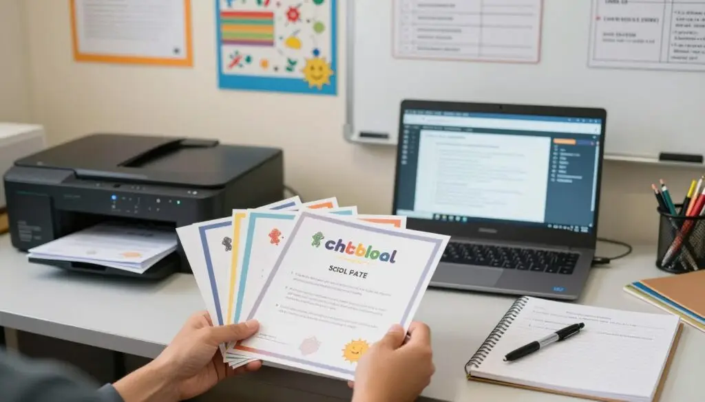 A contemporary school office environment featuring a neatly organized desk with a printer, stacks of printed school documents, and educational materials. In the foreground, a hand gently holds freshly printed, colorful school certificates. The middle ground showcases an open laptop displaying software for document design, alongside pens and a notepad with draft notes. In the background, educational posters and a whiteboard filled with planning notes contribute to the vibrant school atmosphere. The lighting is soft and warm, emulating a productive workspace with a focus on clarity and professionalism. Capture a sense of diligence and innovation in the educational setting, emphasizing the importance of technical specifications in printing school documents, all in a calm and inviting environment.